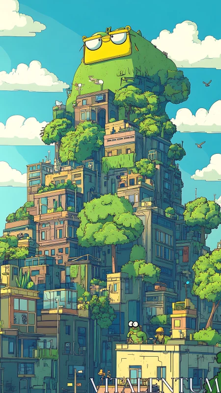 Grumpy hill guardian crowns a tree-soaked rooftop city.