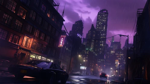 Rain-soaked neon city street tilts toward glowing skyline