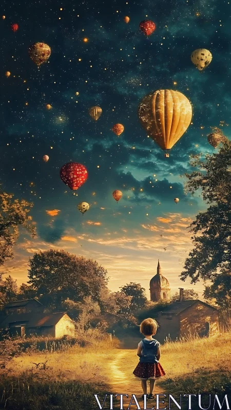 Child watches glowing hot air balloons drift over village sky