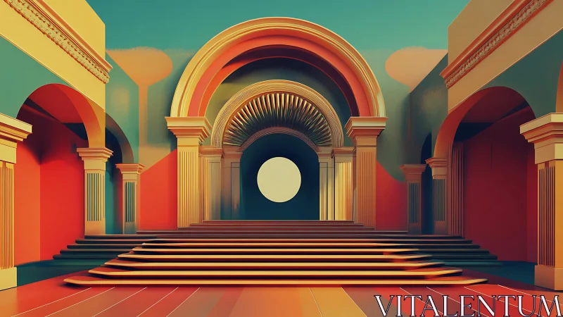 Geometric neoclassical hall with bold arches and steps.