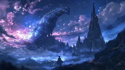 Starlit dragon leans over crystal spires while destiny waits