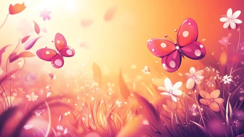 Sunlit pink butterflies in glowing pastel meadowscape.