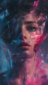 Female face is rendered through fractured glass and neon light