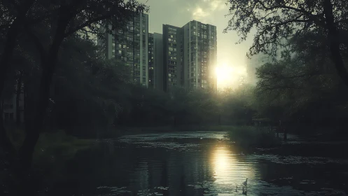 Sunlit high-rises overlook misty lakeside park at dusk.