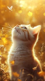 Curious orange kitten watching a glowing winged insect.