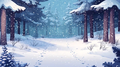 Snowy Forest Path Through Winter Wonderland Scene.