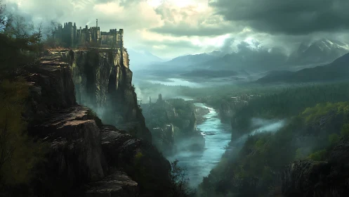 Stormlit cliffside fortress above misty river valley panorama.