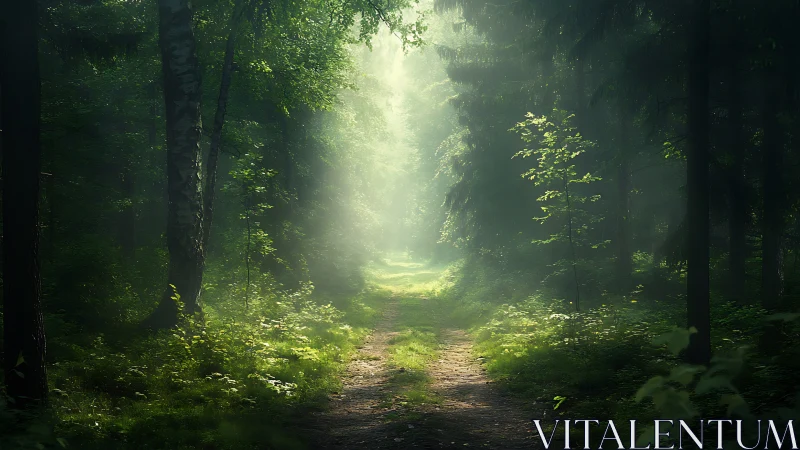 Sunlit Forest Path with Lush Greenery in Dreamy Morning Light.