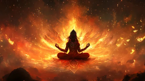Fiery lotus yogi silhouette radiates celestial inferno.