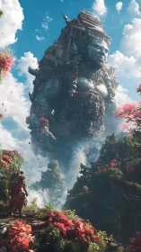 Colossal stone titan overgrown with temples towers above valley