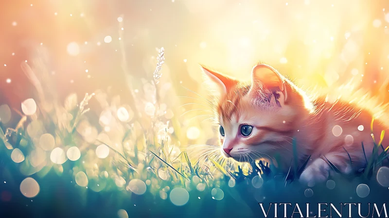 Orange kitten lies in bright grass with strong bokeh light