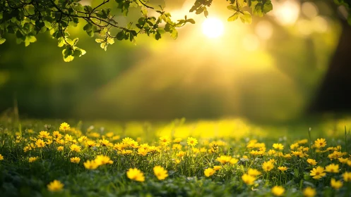 Golden morning sunshine spilling over a wildflower meadow.
