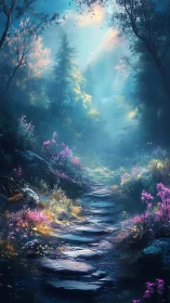 Spectral forest trail with volumetric light and chromatic flora.