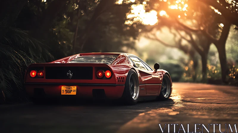 Red mid‑engine sports car is parked on a tree‑lined road