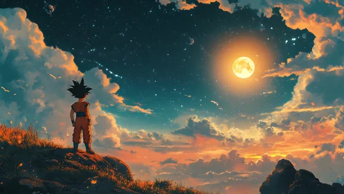 Cel-shaded warrior observes volumetric sunset clouds and lunar sky