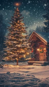 Snow-dusted cabin hums softly beneath a glowing winter tree