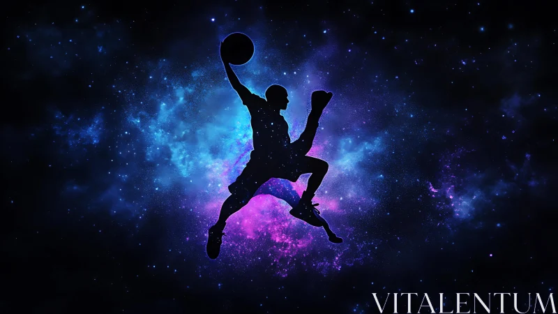 Silhouette of basketball player against nebula space background.