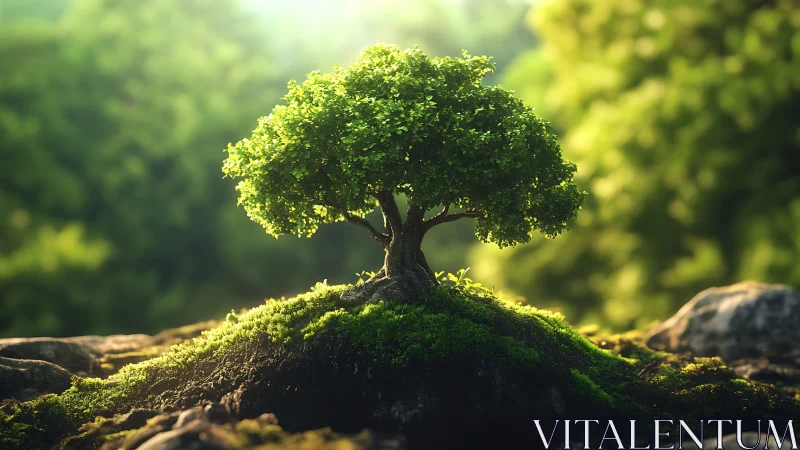 Lush Green Bonsai Tree on Mossy Rock, Nature Photography Style.