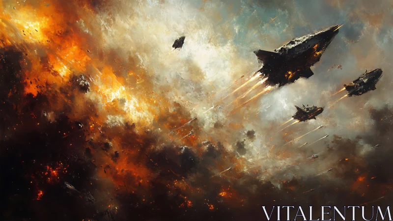 Star cruisers carve burning paths through a galactic storm