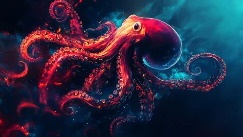 Neon abyss octopus conducts a swirling cosmic light show