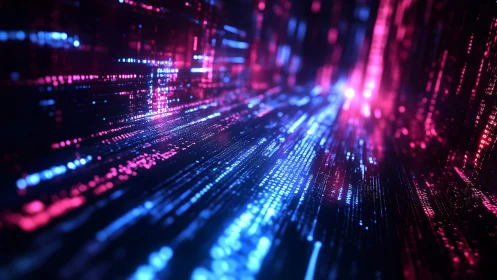 Futuristic Digital Data Stream in Neon Blue and Pink Light.