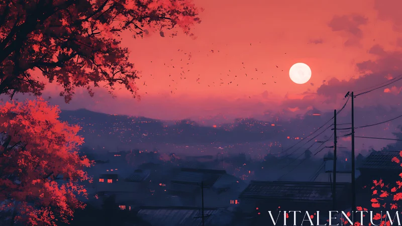 Nocturnal redscape over misty rooftops and rising full moon.