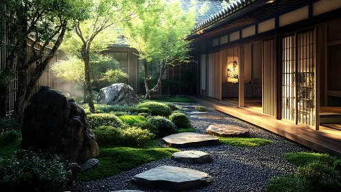 Zen courtyard garden with stepping stones and golden light