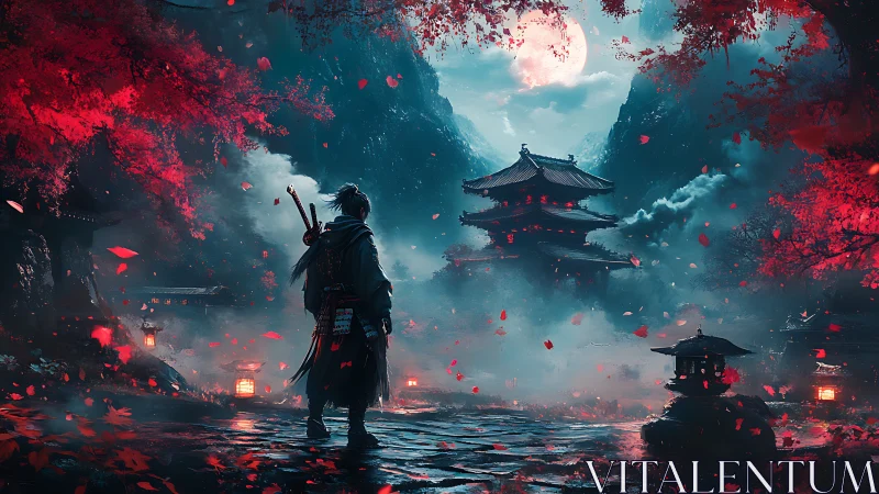 Samurai observes misty temple courtyard under full moon