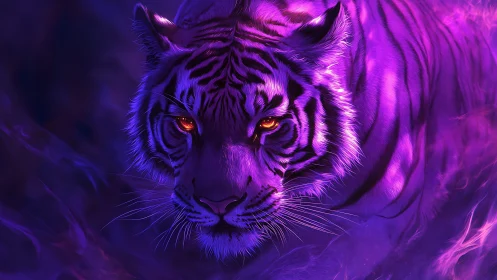 Digital tiger portrait uses high contrast violet lighting carefully
