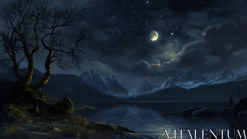 Moonlit alpine lake under star-filled winter sky.