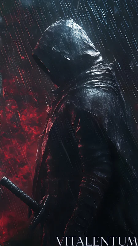 Hooded swordsman stalks through rain soaked crimson night