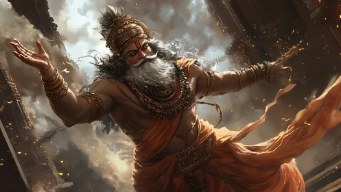 Mythic warrior ascends amid temple ruins and swirling smoke