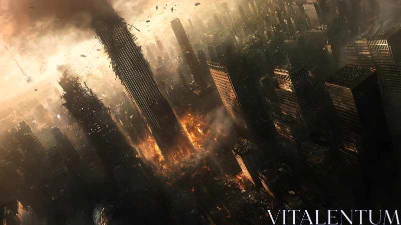 Collapsing skyscraper dominates a city in fiery ruin.