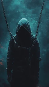 Hooded wraith hangs in teal mist with heavy rusted chains.
