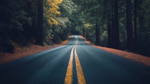 A Serene Road Through Towering Pines Beckons Adventure Forward