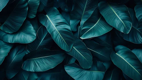 Dark teal banana leaves form dense overlapping pattern