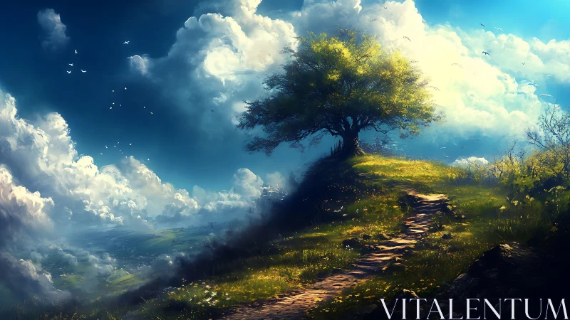 Lonely tree on hilltop path under bright dramatic clouds.