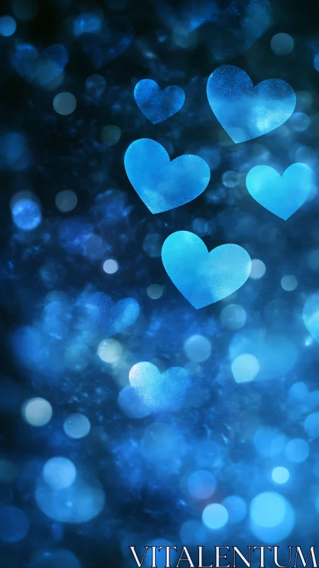 Blue luminescent hearts suspended in bokeh field with particle effects.