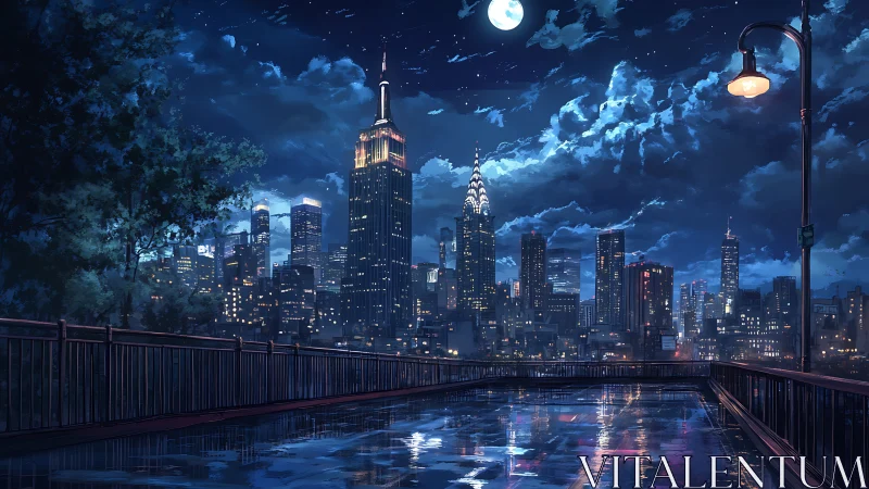 Moonlit city skyline glows above a quiet, rain-wet bridge