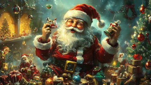 Festive Santa in glowing workshop amid toys and candles.