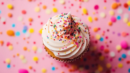 Frosted Cupcake Celebration With Colorful Sprinkles and Pink Background