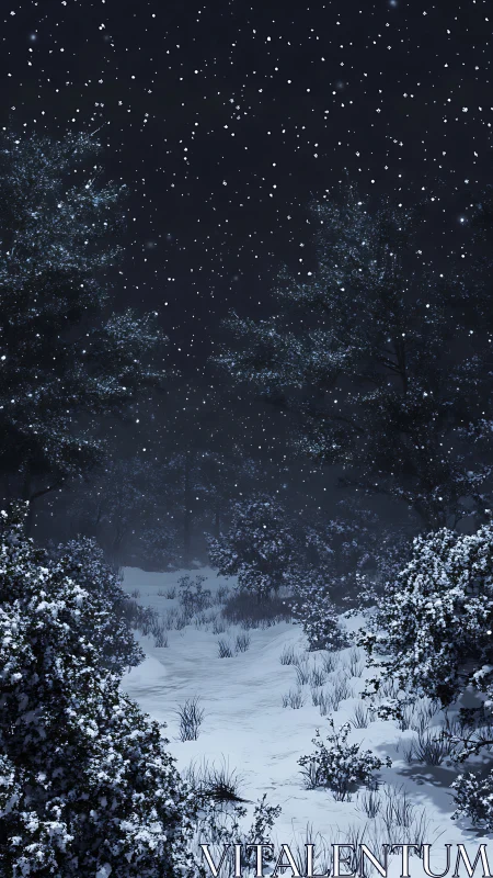 Snowy forest trail lies silent under dense falling night snow