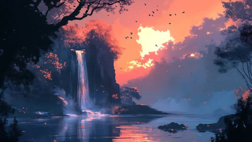Digital sunset landscape with waterfall and forest lake.