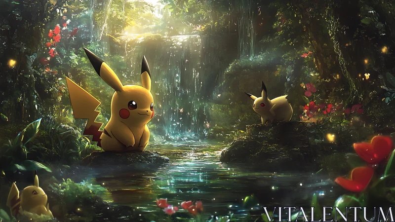 Electrostatic creature trio in volumetric forest waterfall scene.