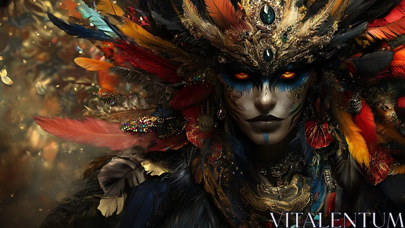 Highly detailed feathered war mask frames bioluminescent eyes in profile