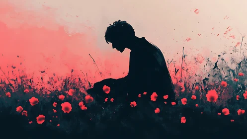 Silhouetted figure sits in glowing red poppy field at dusk