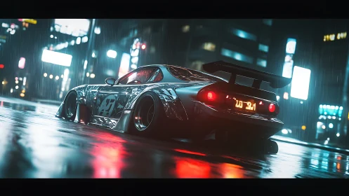 Neon rain racer idling loud in soaked cyber city streets.