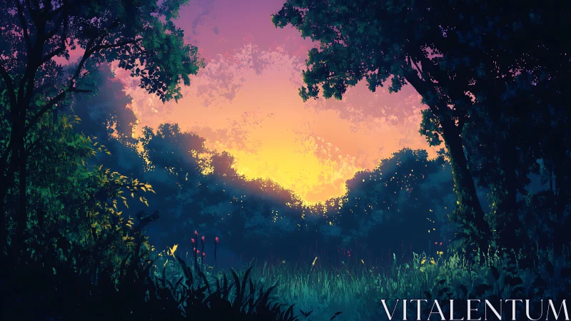 Luminescent Forest Canopy with Atmospheric Golden Sunset Gradient Through Dense Foliage