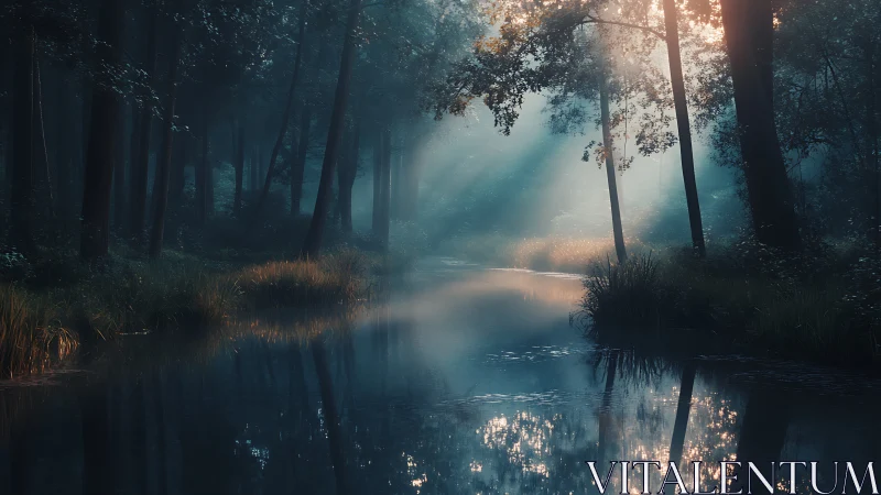 Misty Forest Stream: Nature's Quiet Sanctuary Glows with Dawn Light.