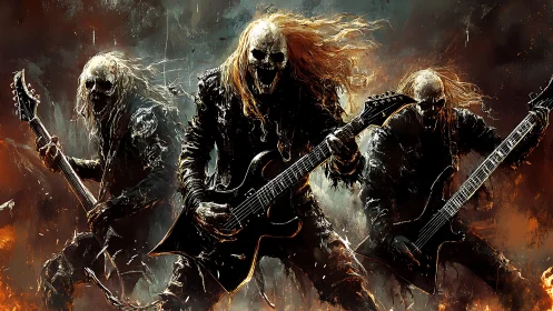Fiery skeleton rock band shredding through the chaos.